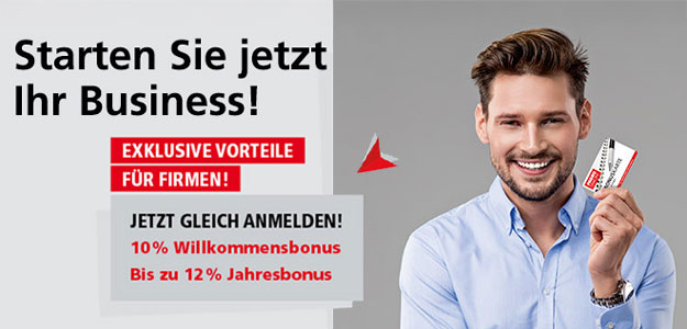 Starten Sie jetzt Ihr Business! Exklusive Vorteile für Firmen! Jetzt gleich anmelden! 10% Willkommensbonus bis zu 10% Jahresbonus