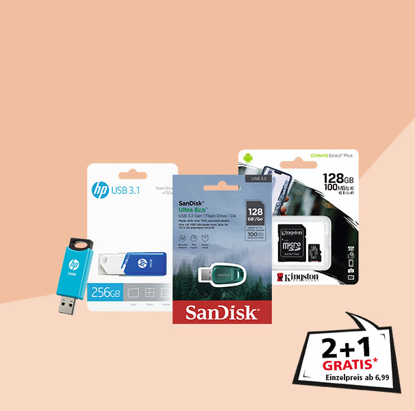 2+1 gratis auf USB-Sticks & MicroSD-Karten